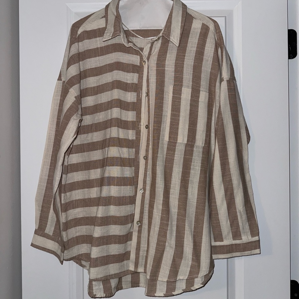 Altar'd State Brown and Cream Striped Button Down Shirt